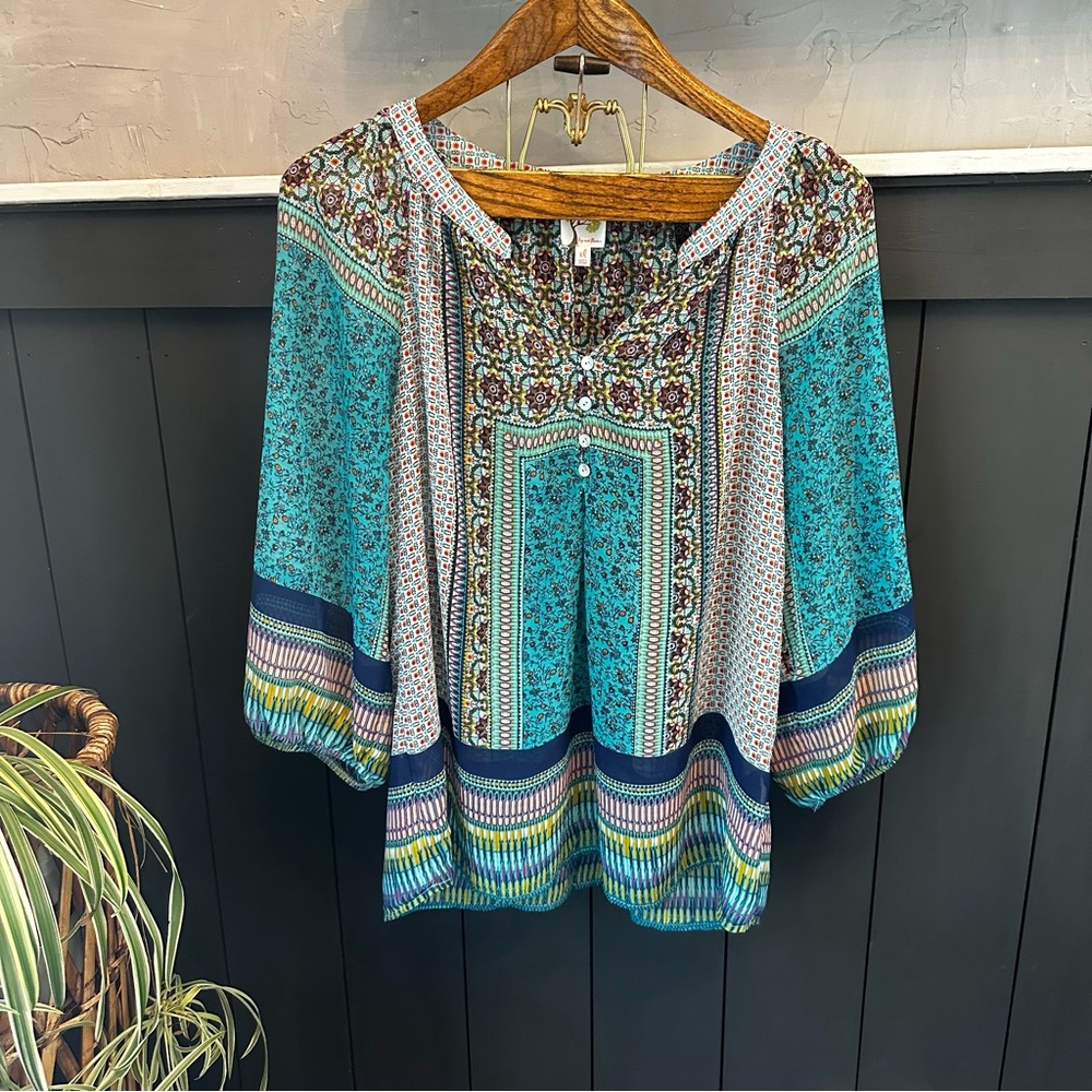 Boho Floral Patchwork Turquoise Peasant Blouse